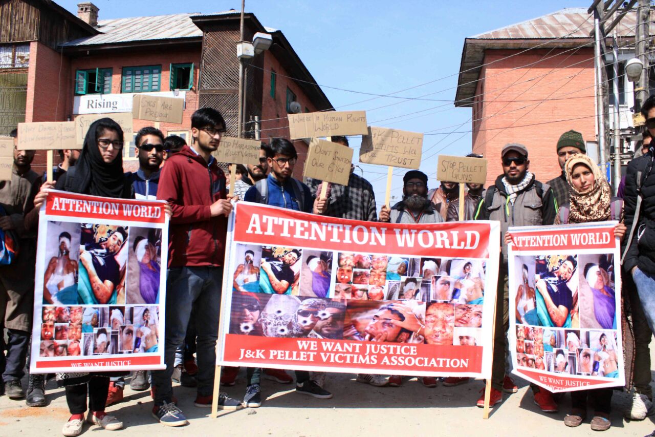 Pellet victims held protest says need no compensation from govt or sympathies from Separatists.