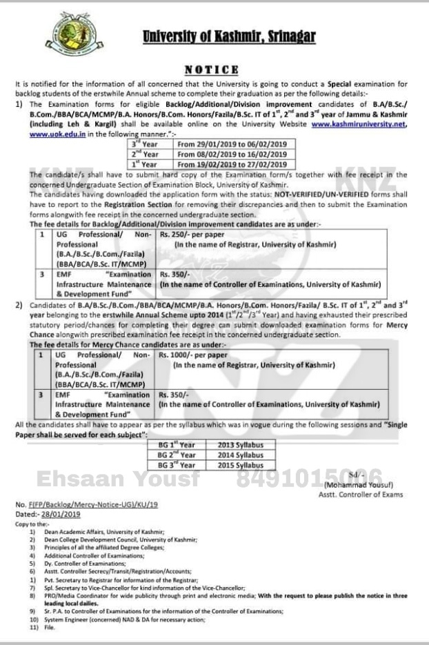 KU: IMPORTANT NOTICE regarding conduct of a Special examination for backlog/Mercy Chance students of the erstwhile Annual scheme