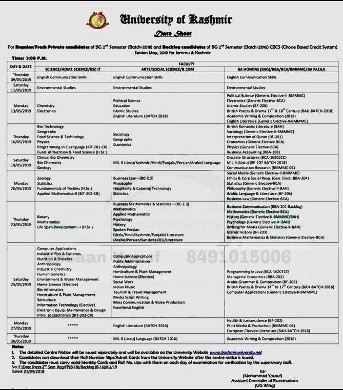 KU: Date-Sheet for B.G 2nd Semester (Regular/Fresh Private – Batch 2018 and Backlog – Batch 2016) candidates of Kashmir and Jammu