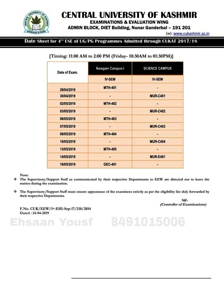 Central University of Kashmir Date Sheet for 4th ESE of UG/PG Programmes Admitted through CUKAT 2017/18.