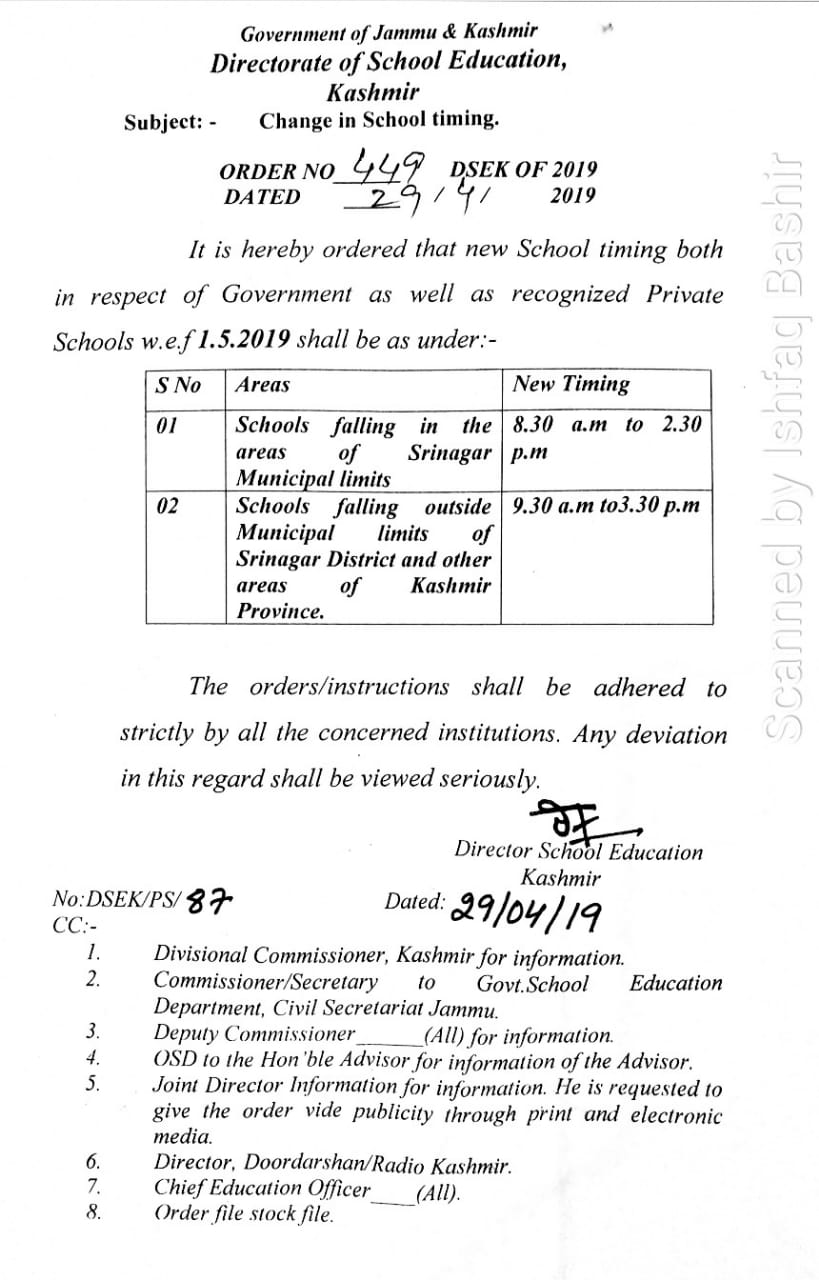 DSEK orders change in school timing from May 01