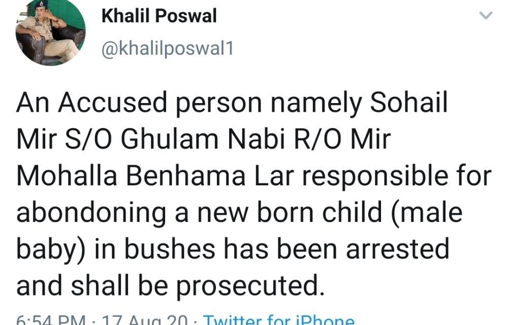 Ganderbal police arrested one person for abondoning a new born baby boy