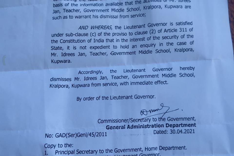 LG Dismisses Kupwara Teacher From Services ‘In The Interest Of Security’