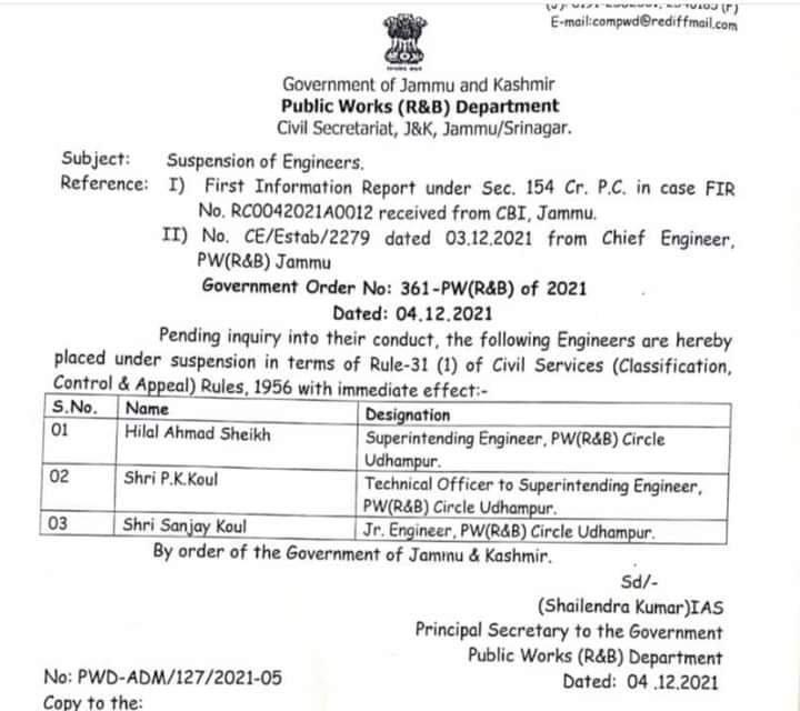 Govt Suspends 3 Public Works (R&B) Department Engineers