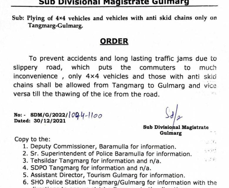 Only 4×4, vehicles with anti-skid chains to be allowed to move towards Gulmarg