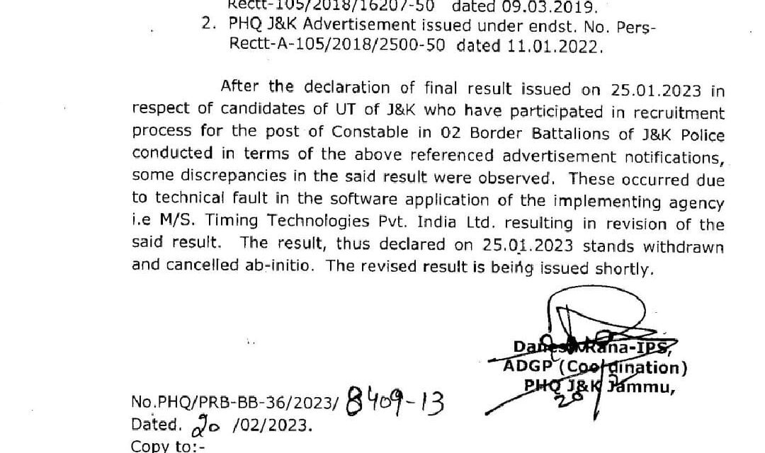 After ‘discrepancies’, J&K Police cancels results of 2 Border Battalions