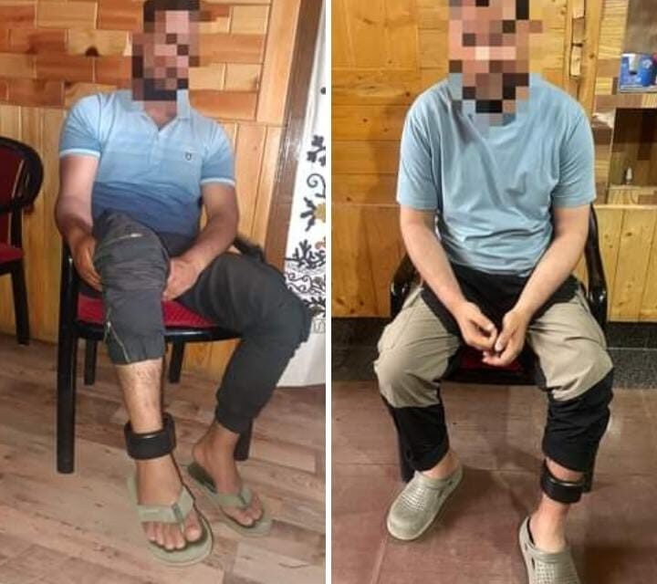 Sopore Police fix GPS tracker anklet on two bailed-out terror associates.