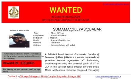 CIK declares cash reward of Rs 3 lac against wanted LeT terrorist Commander