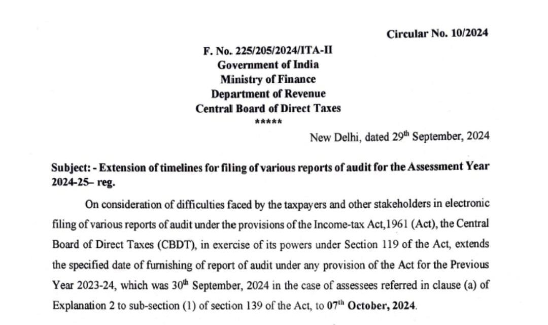 Govt extends I-T audit report filing date to Oct 7