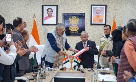 Union Minister Giriraj Singh hands over the certificate of GI tag for Pashmina wool to LG Ladakh