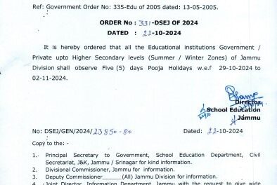 Clarification: 5-Day Diwali Break Only for Jammu Division Schools; Kashmir Division Schools Open as Usual