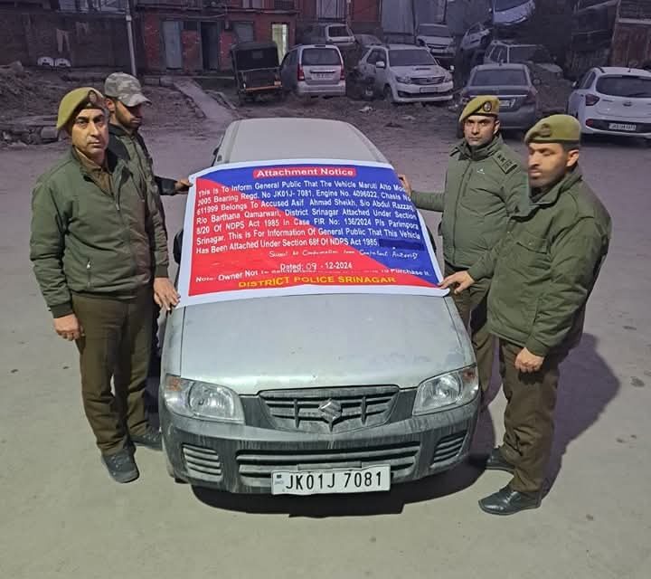 Srinagar Police seizes vehicle of drug peddler acquired from narcotics trade